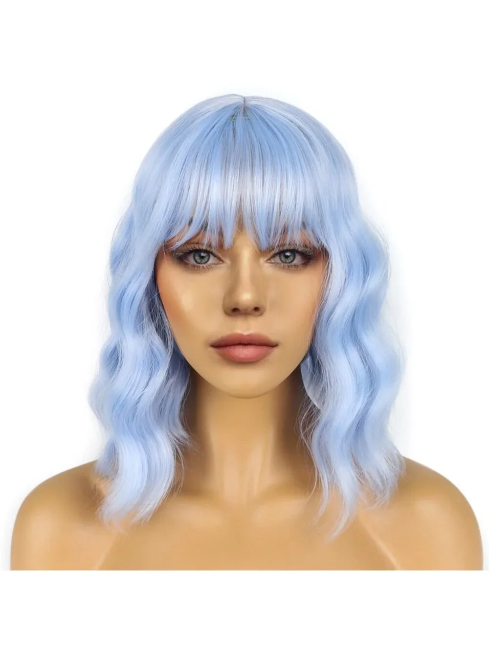 Women's Light Blue Shoulder Length Synthetic Loose Wavy Short Bob Wigs Bangs